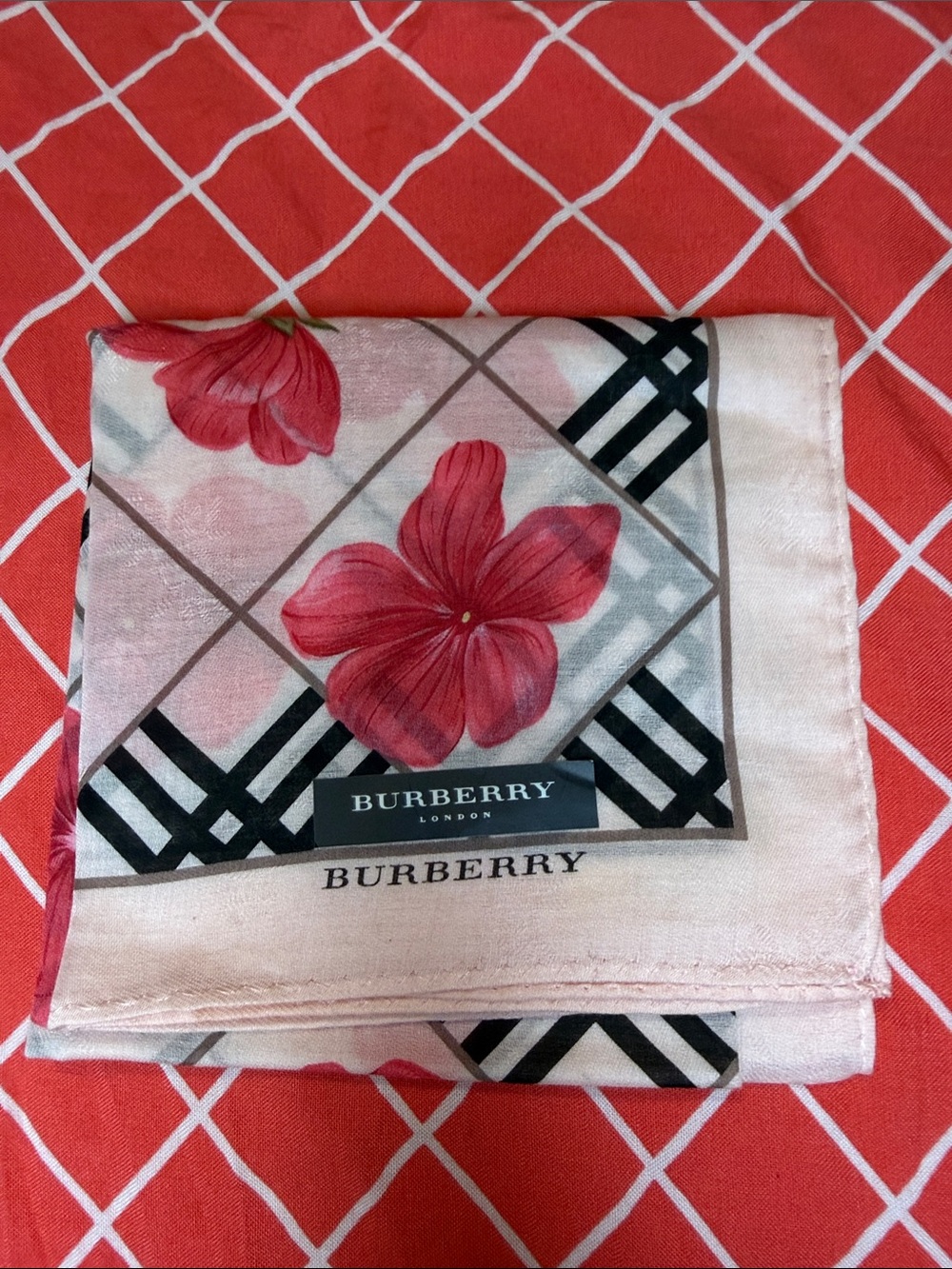 Burberry Pink and Red Floral Silk handkerchief/ neck scarf